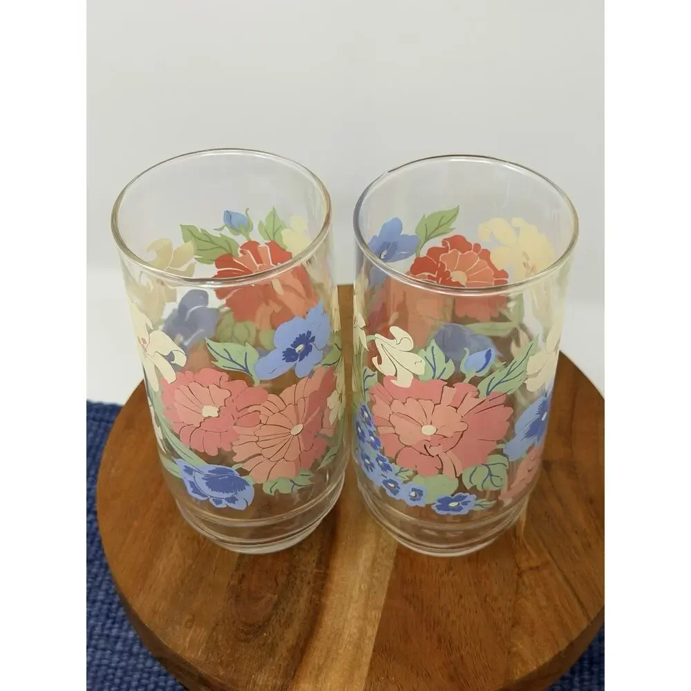 Set of 2 Multicolor Floral Pattern Glass Drinking Tumblers Decorated Design